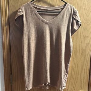 Tan Fitted V-Neck Cap Sleeve Tee